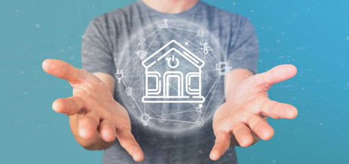 Poster - businessman holding smart home interface with icon, stats and data 3d rendering