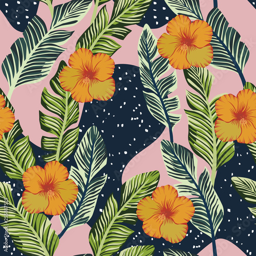 Stoffe zum Nähen Banana leaves hibiscus seamless black pink backgorund