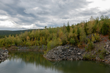 Panorama of lake scenes in national park Kachkanar, Russia