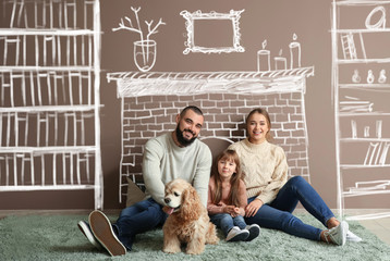 Sticker - Happy family and cute dog on carpet near color wall