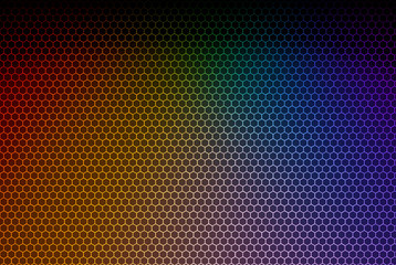 Poster - 3d rendering. modern Lgbt rainbow color spot ligt shine on hexagon pattern mesh wall background.