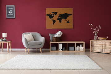 Interior of living room with picture of map on wall