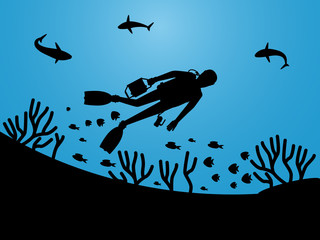 Wall Mural - Undersea life silhouettes with scuba diver vector background. Illustration of diver in marine water, scuba diving