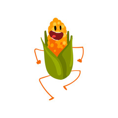 Wall Mural - Laughing Corncob Having Fun, Cute Vegetable Character with Funny Face Vector Illustration