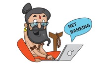 Vector Cartoon Illustration Of Cute Data Baba Doing Net Banking. Isolated On White Background.