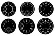 Clock face blank set isolated on white background. Vector watch design. Vintage roman numeral clock illustration. White number round scale on black circle.