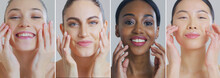 Collage Of Portraits Of Women Of Different Ethnicities With Beautiful Faces And Perfect Skin Just Cleaned From Impurities Ready For Day Or Night Cream Smiling In Camera.