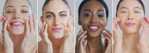 Fotomural Collage of portraits of women of different ethnicities with beautiful faces and perfect skin just cleaned from impurities ready for day or night cream smiling in camera