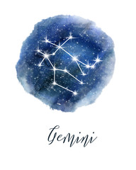 Wall Mural - Dark blue hand drawn watercolor night sky with stars. Rough, artistic edges. Night Sky Zodiac sign Print, Watercolor Star Map