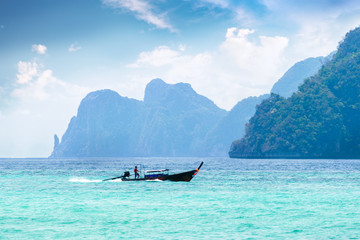 Wall Mural - Beautiful landscape with traditional boat on the sea in Phi Phi region, Thailand. Travel, holiday in the Asia.