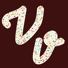Tempting Tipography. Font Design. 3D Letter V Of The Whipped Cream And Candy