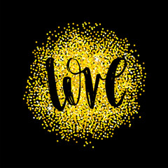 Wall Mural - Love letetring text on gold glitter background circle. Valentines day holiday calligraphy.