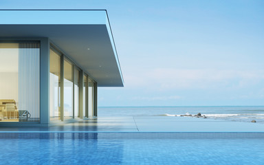 Poster - Perspective of modern building with wood terrace and swimming pool on sea view background,Idea of family vacation. 3D rendering.