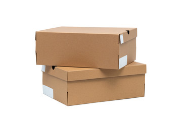 Brown cardboard shoes box with lid for shoe or sneaker product packaging mockup, isolated on white with clipping path.