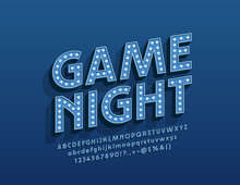 Vector Entertainment Poster Game Night With Glowing Alphabet Letters. Electric Lamp Font