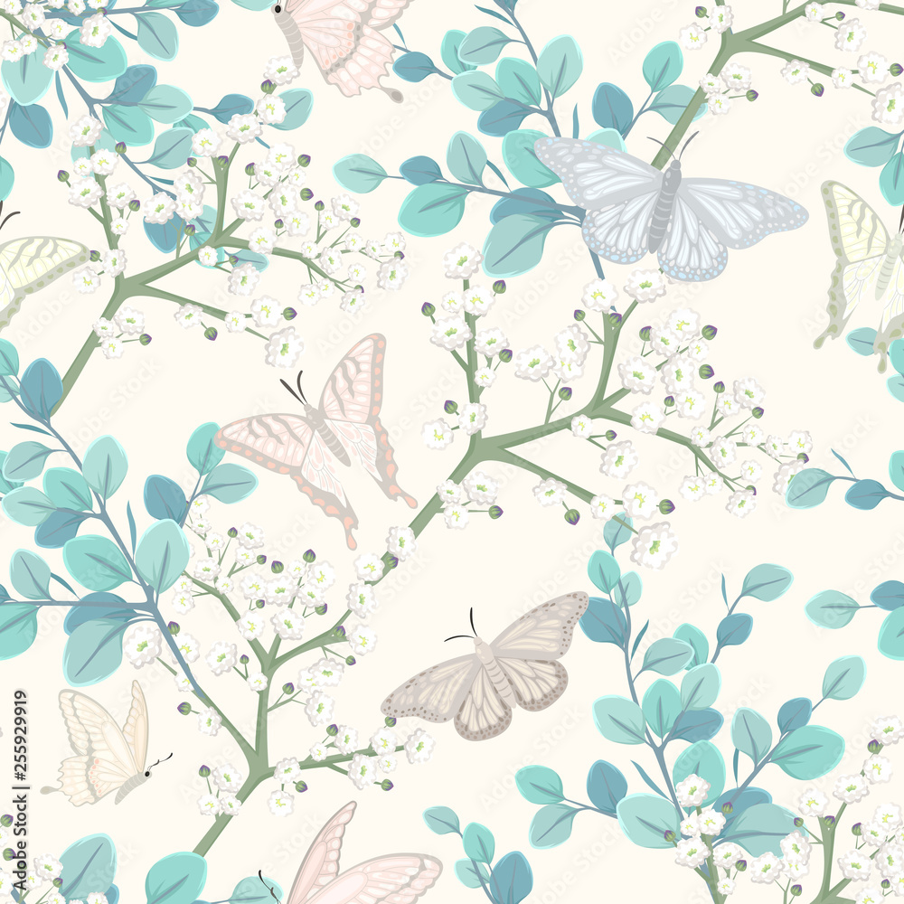 seamless pattern with butterflies and white flowers Stock Vector ...