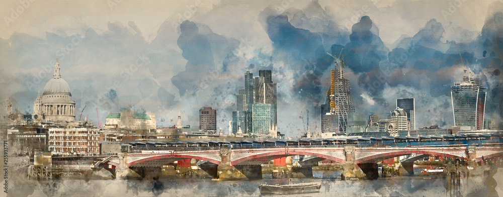 Watercolour painting of Panorama of London skyline showing modern, traditional and construction in the city. - obrazy, fototapety, plakaty 