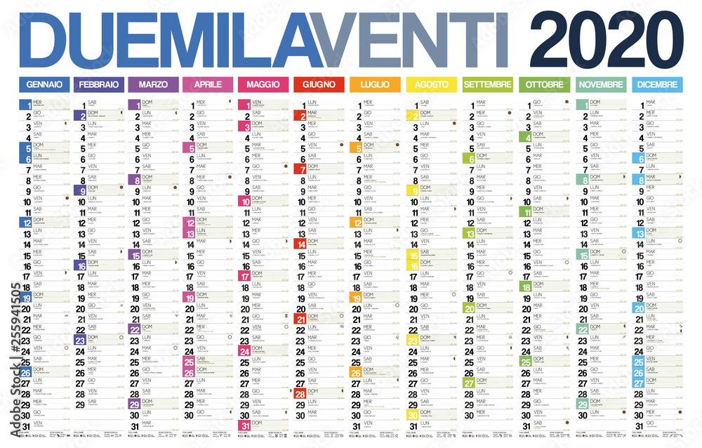2020 italian calendar with italian holidays, zodiac , saints, moon phases, astronomical events, sunset and sunrise - obrazy, fototapety, plakaty 