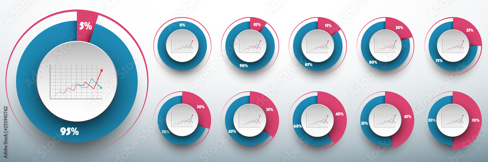 Pie chart set from 0 to 50/50 percents ready to use for web design, user interface (UI) or infographic. Two colors - rose and blue. - obrazy, fototapety, plakaty 