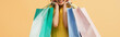 © LIGHTFIELD STUDIOS - Panoramic shot of laughing girl holding shopping bags isolated on orange