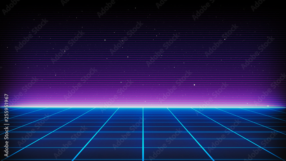 Retro Sci-Fi Background Futuristic landscape of the 80`s. Digital Cyber Surface. Suitable for design in the style of the 1980`s - obrazy, fototapety, plakaty 