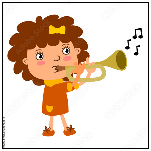 Funny girl in cartoon style playing trumpet isolated on white
