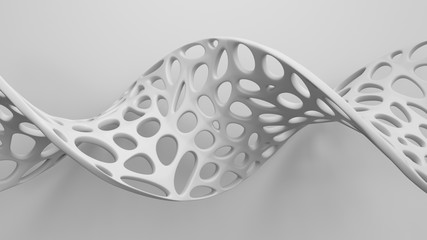Poster - 3d render with cell structure is twisted in front of the flat plane. Twisted geometry with holes. Сellular structure...