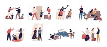 Collection Of Scenes Of Family Conflict Or Relationship Problem With Unhappy Married Couples And Children. Bundle Of People Breaking Up, Quarreling And Fighting. Flat Cartoon Vector Illustration.