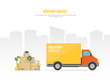 Concept moving house. Pile cardboard boxes with truck on cityscape background. Relocate to new home or office. Vector illustration in flat style.