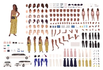 Wall Mural - African American woman in evening dress constructor kit or character generator. Set of body parts, elegant clothes and accessories. Female celebrity. Front, side, back views. Flat vector illustration.