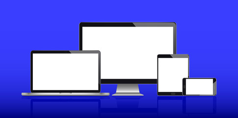 Aufkleber - Realistic set of monitor, laptop, tablet, smartphone on a blue background.