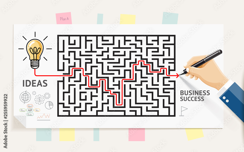 Business maze conceptuel design. Businessman hand drawing line through ...