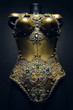 Gorgeous golden corset with precious stones, dark studio background