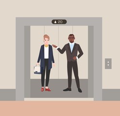 Aufkleber - Smiling male and female office workers or clerks standing in elevator with open doors. Colleagues having conversation inside lift stopped on floor of building. Flat cartoon vector illustration.