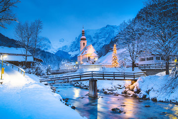 Wall Mural - Church of Ramsau in winter twilight, Bavaria, Germany