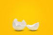 Two egg shell parts on yellow background with shadows