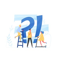 Aufkleber - Giant question mark and interrogation point and tiny people. Concept of FAQ, user manual or guide, customer support, search of useful information for problem solving. Flat colored vector illustration.
