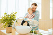 © Iryna - Father washing, cleaning toddler baby girl child hands on white sink and water drop from faucet, Selective focus at hand with running water from faucet, Sanitation, hygiene concept.