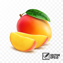 Whole And Slice Mango Fruit With Leaf, 3D Realistic Isolated Vector, Editable Handmade Mesh