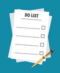 Poster - To do list or planning icon concept. All tasks are completed. Paper sheets with check marks, abstract text and marker. Vector flat illustration isolated on color background