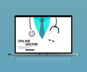 Poster - doctor online. healthcare services, ask a doctor. online doctor consultation on screen computer