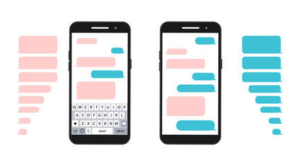 Poster - place your own text to the message bubbles. realistic mobile phone with messaging interface. phone m