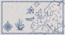 Old Caravelle, Vintage Sailboat, Sea Monster. Detail Of Fantasy Geographical Maps