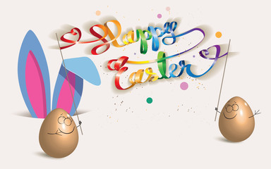 Wall Mural - Cartoon of Easter eggs with Happy Easter banner in rainbow colors,Easter bunny in the hole and confetti isolated on a light background