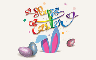 Wall Mural - Happy Easter greeting card with Easter bunny in the hole,ribbon in rainbow colors,eggs and confetti isolated on a light background