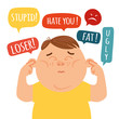 Social and cyber bullying concept. Vector illustration about hate messages, body shaming, fat shaming, racism at school. 