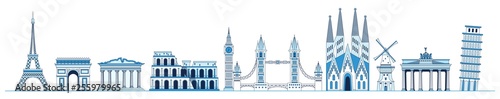 Fotomural Line art set of European monuments and landmarks, Eiffel tower, Triumphal Arch, Parthenon, Leaning Tower of Pisa, Tower Bridge, Sagrada Familia, Brandenburg gate, Elizabeth Tower, vector