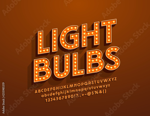 Fotografía Vector Light Bulbs retro style Font
