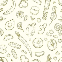 Aufkleber - Monochrome vegetarian seamless pattern with fresh cooking ingredients, ripe organic fruits, berries and vegetables hand drawn with contour lines on light background. Realistic vector illustration.