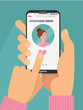 © LanaSham - Online dating app concept. Male hands in suit holding smartphone with woman on screen. Online dating, long distance relationship concept. Finger presses heart button. Flat cartoon vector illustration